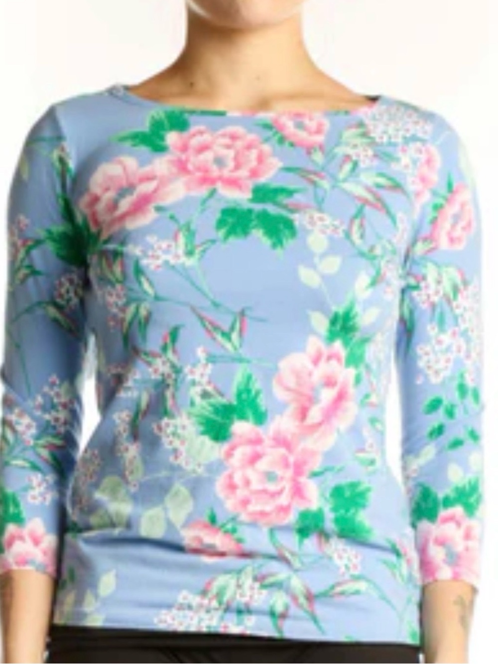 blue and pink floral Talbots Bateau Neck 3/4 sleeve tee.